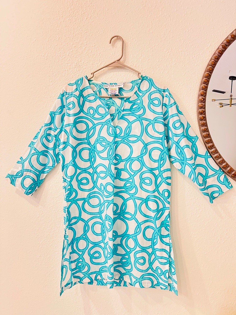 Gretchen Scott Teal and Aqua Loop-Print Cotton Tunic Blouse
